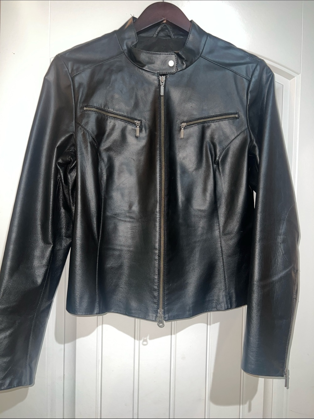 Danier Black Leather Zip-Front Jacket with Snap Collar